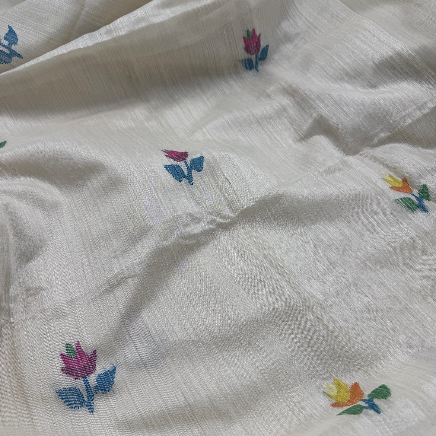 Pakhi: White Jamdani Saree with Multicolored Embroidery