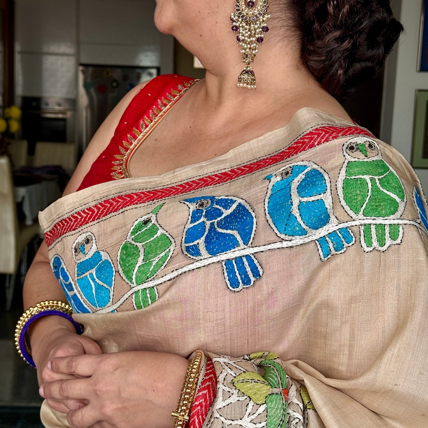 Vasudha: Beige Tussar Silk Kantha Saree