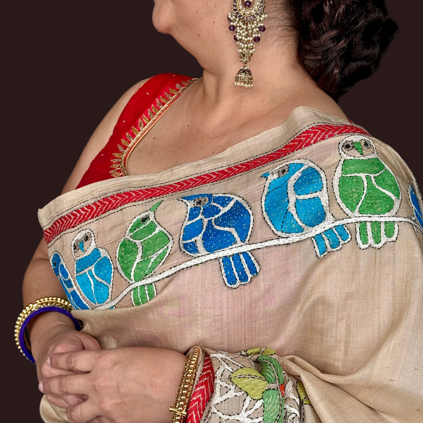 Vasudha: Beige Tussar Silk Kantha Saree