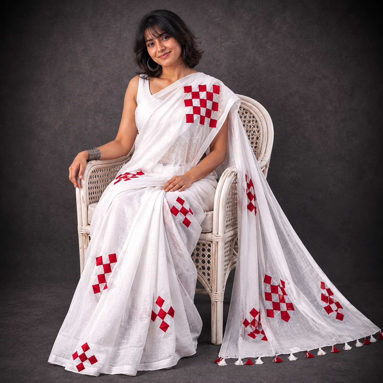 Anuradha: White Mul Cotton Saree with Red Appliqué