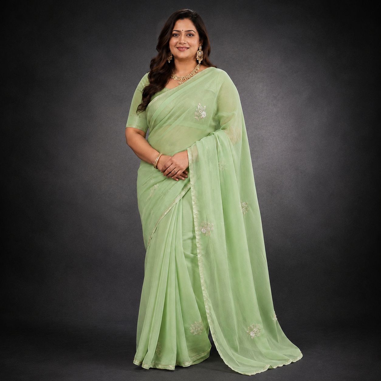 Vasudha: Green Chiffon Saree with Embroidery