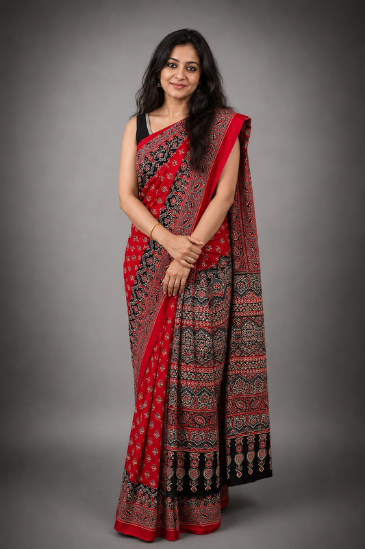 Anindita: Red Sanganeri Block Print Saree
