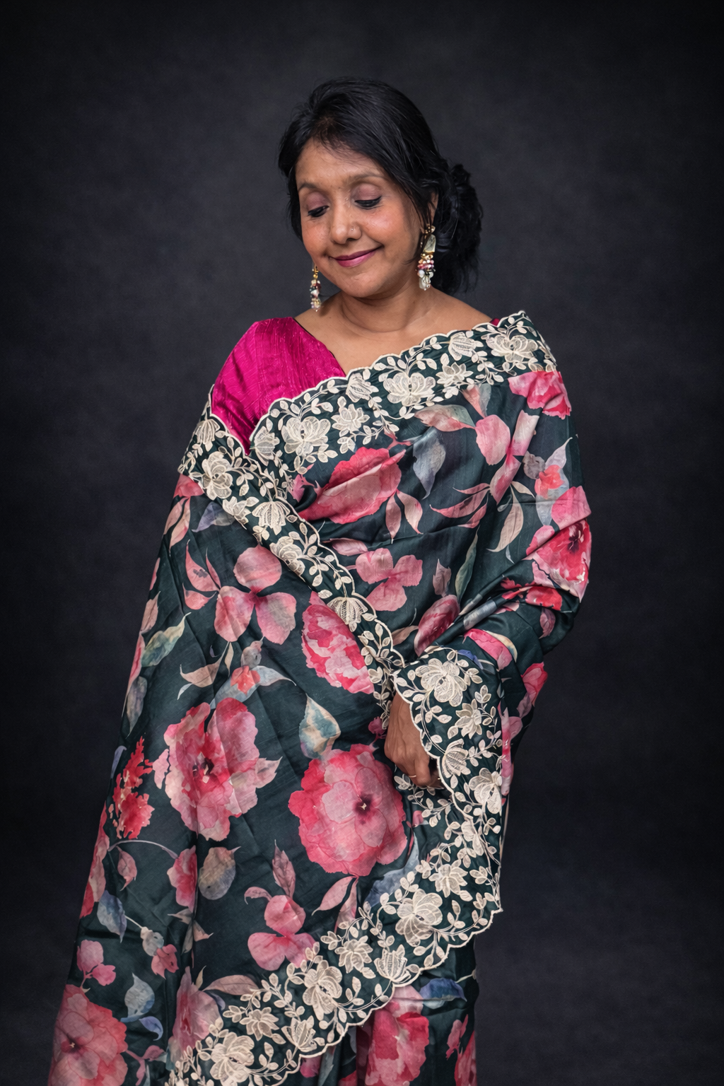 Moonlit Garden: Floral Semi-silk Saree with Embroidery