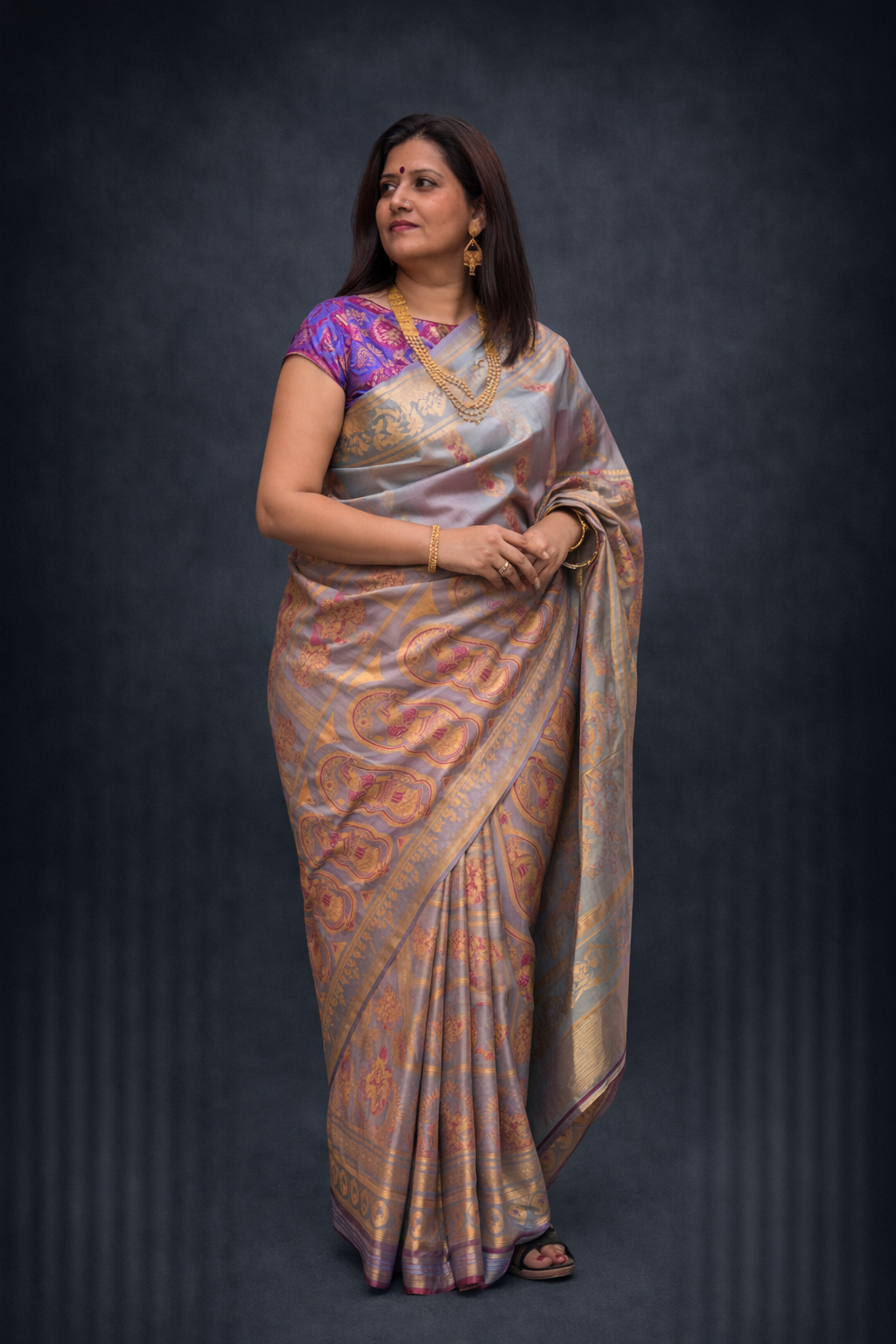 Aparna: Grey Handwoven Katan Silk Baluchari Saree