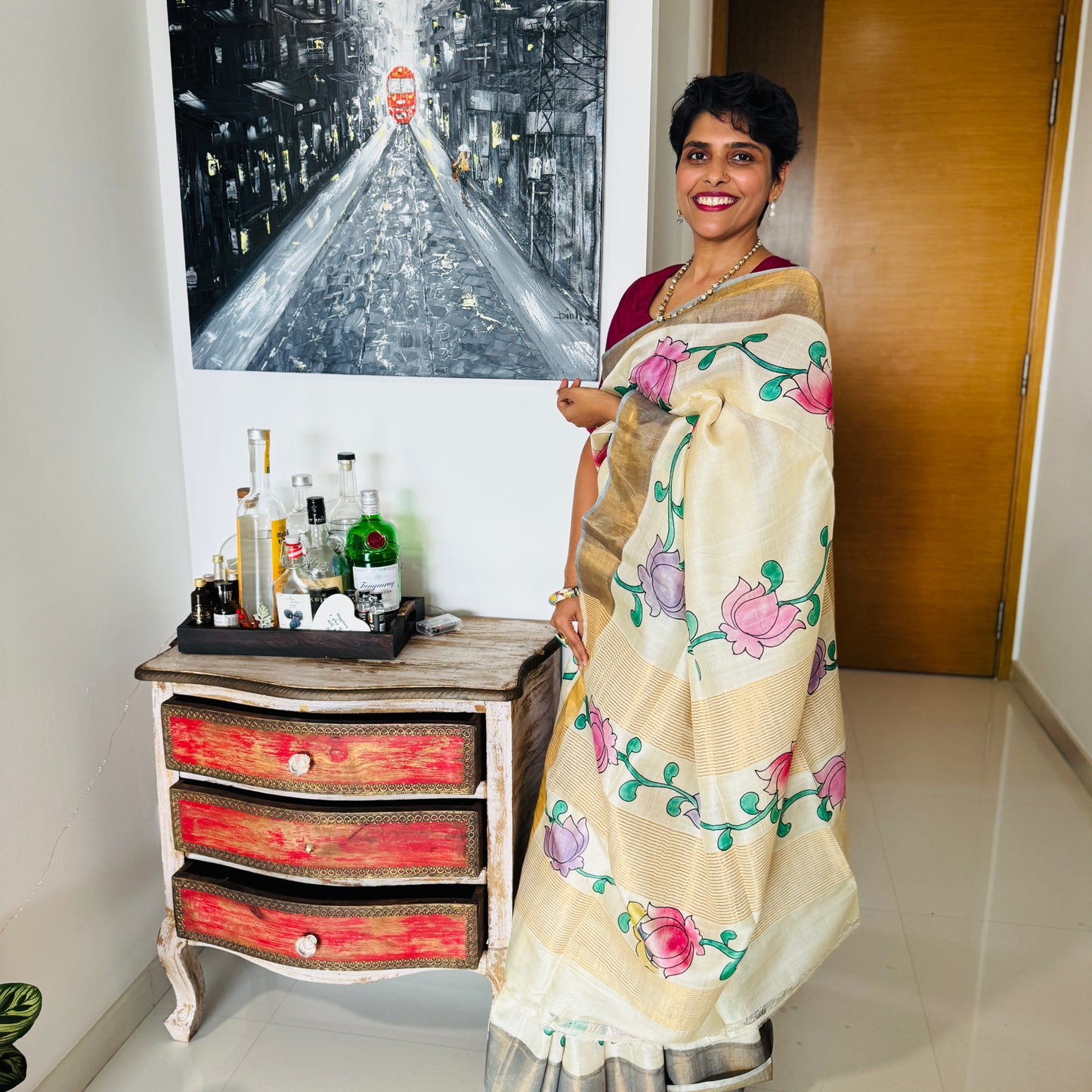 Ivorine: Cream Kalamkari Block Print Tussar Silk Saree