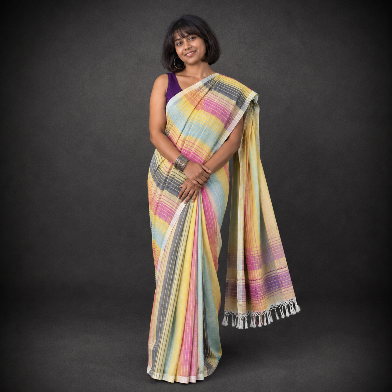 Basabi: Yellow Striped Mul Cotton Saree