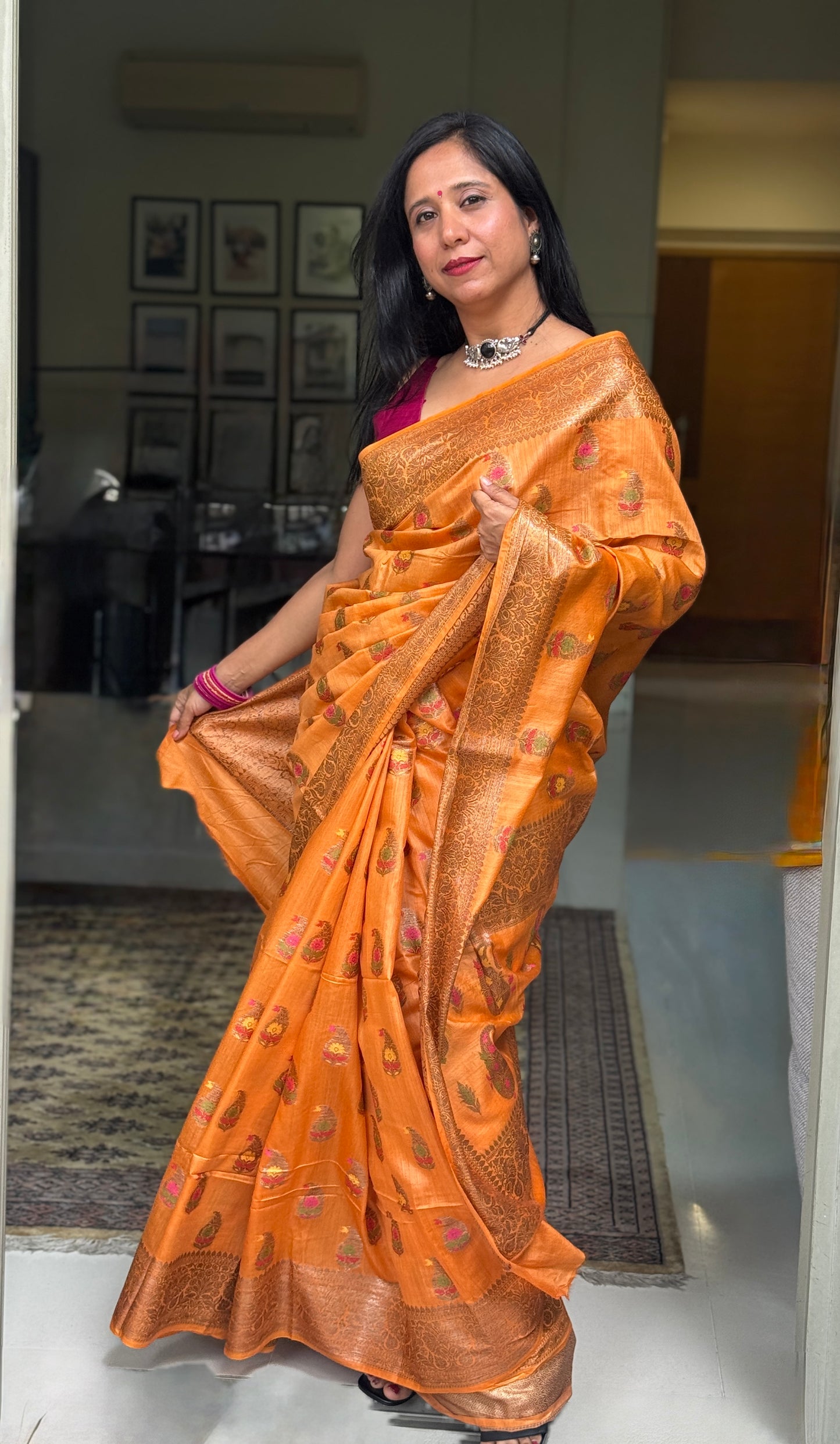 Kesar: Orange Handwoven Munga Tussar Silk Saree