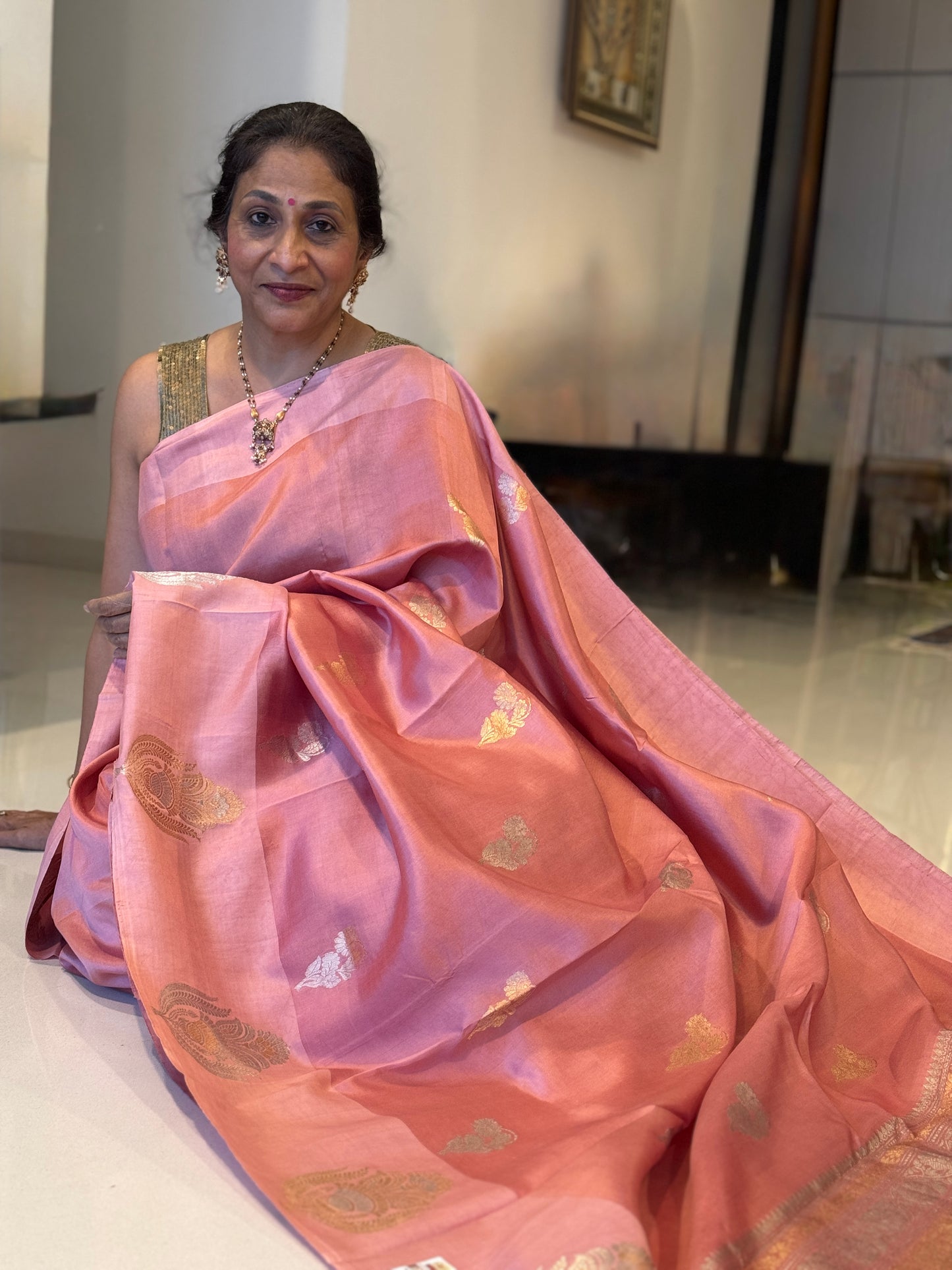 Gulnaar Blush: Pink Banarasi Katan Silk Saree