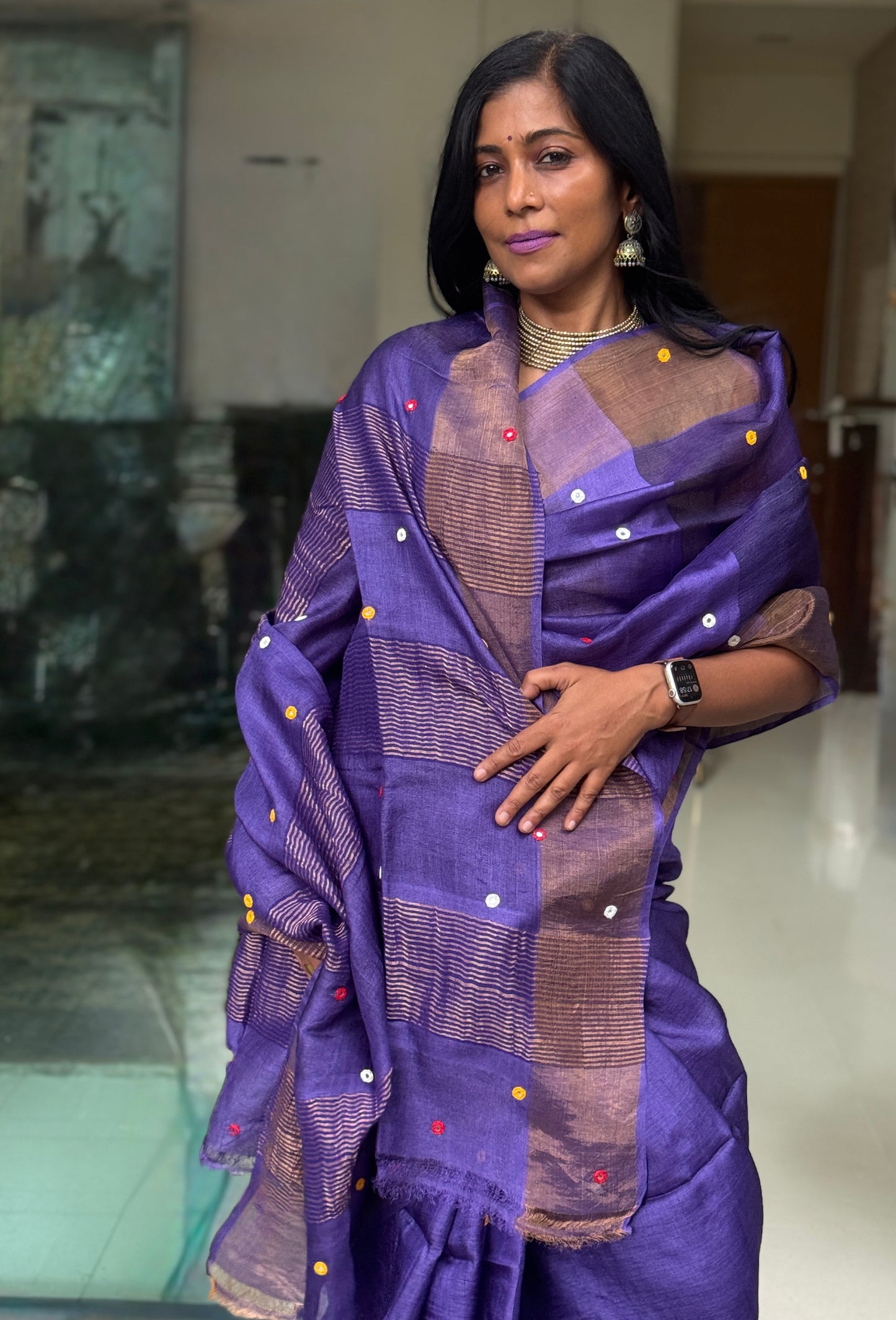 Jamini: Purple Handwoven Tussar Silk Mirror-work Saree