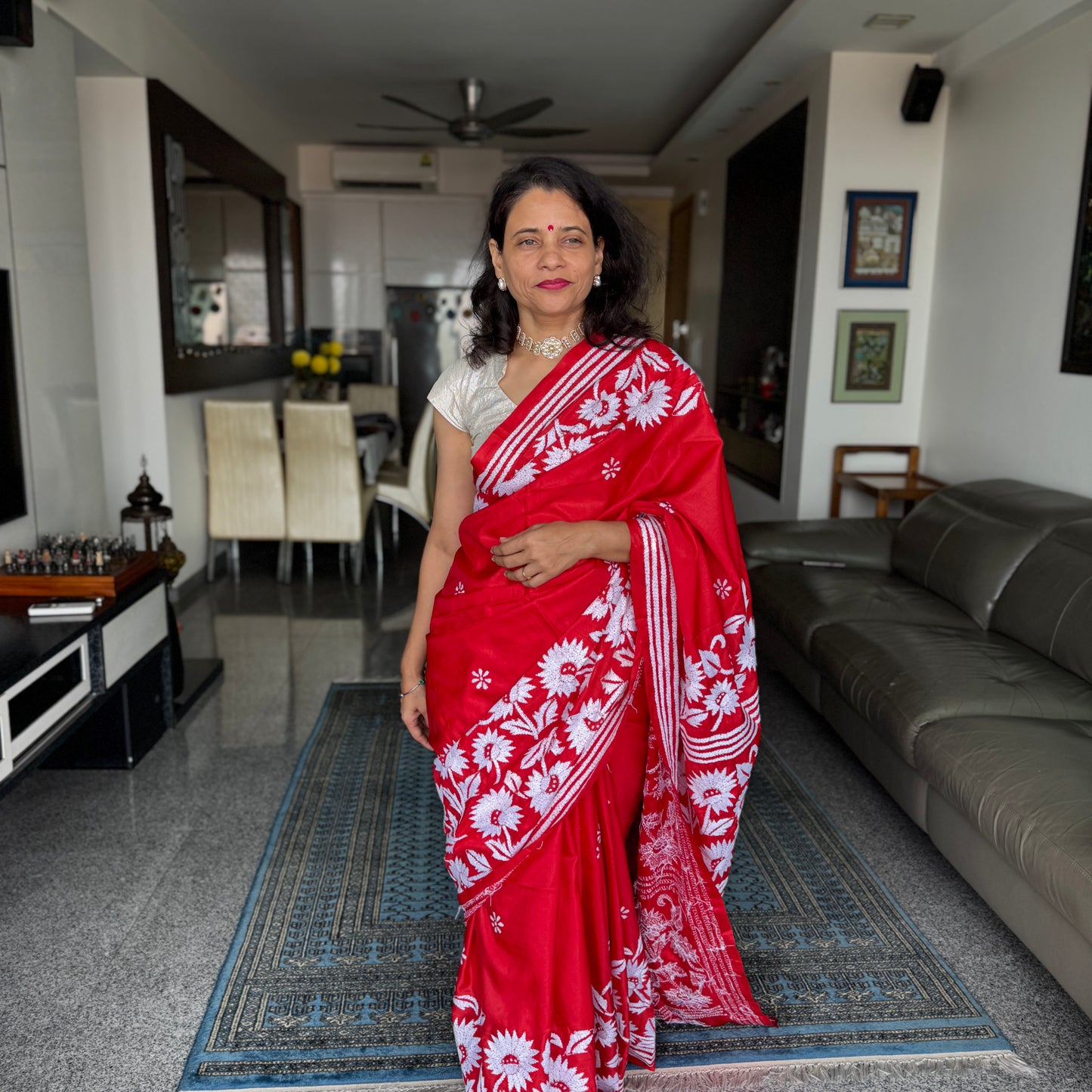 Scarlet: Red Kantha Art Silk Saree