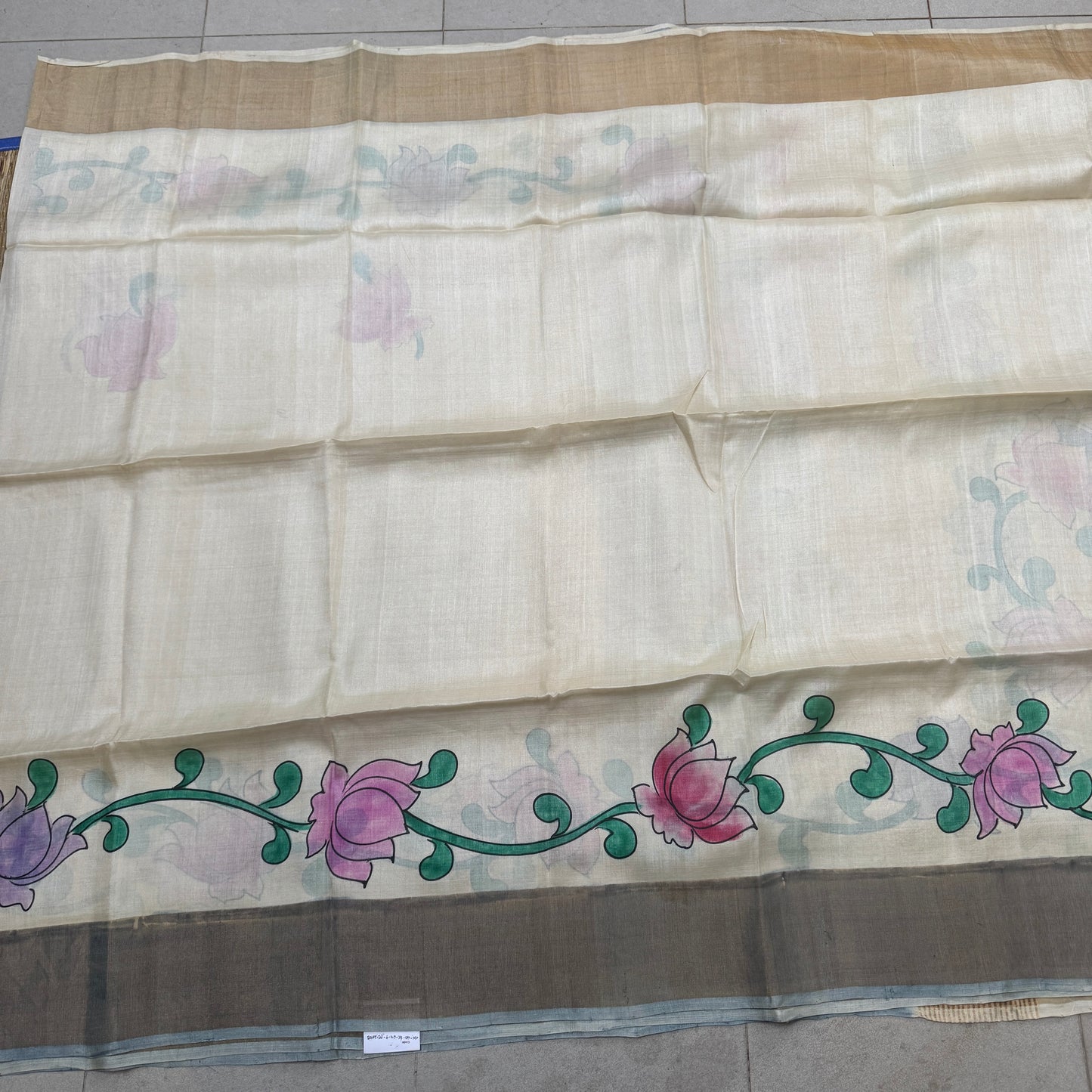 Ivorine: Cream Kalamkari Block Print Tussar Silk Saree