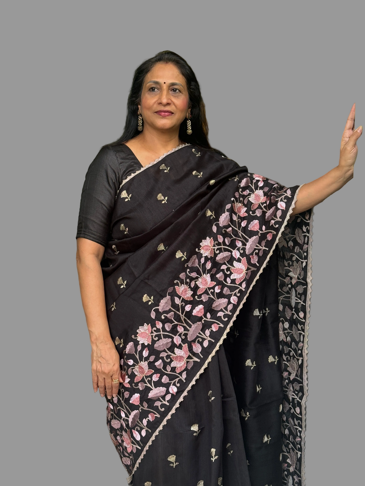 Ketaki: Black Semi-tussar Embroidered Saree