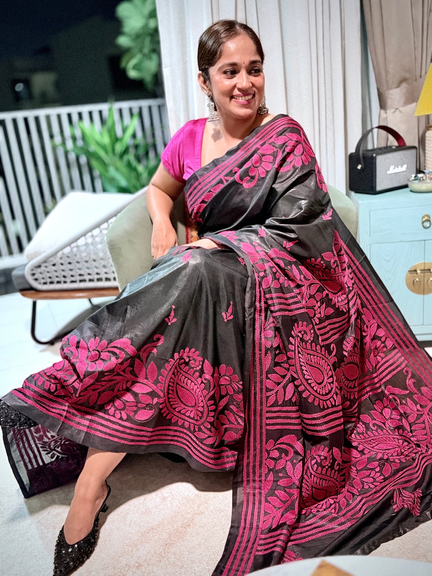 Raatrani: Black and Pink Embroidered Saree