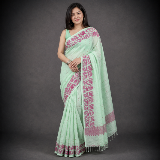 Moushumi: Green Handloom Cotton Jamdani Saree