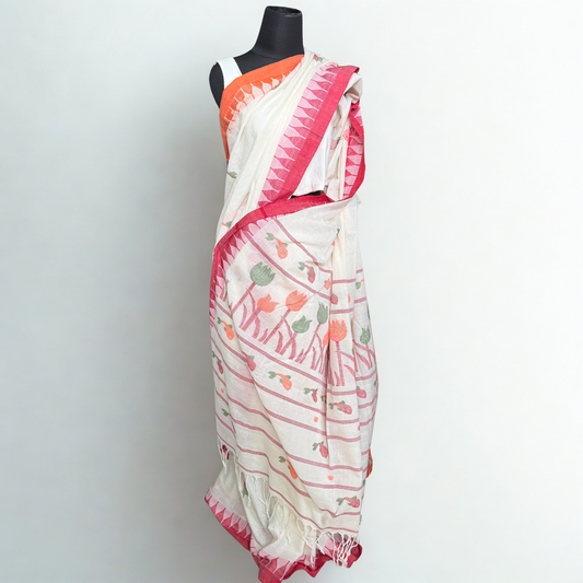 Whispering Tulips: White Cotton Handloom Saree with Moirangphee Motifs