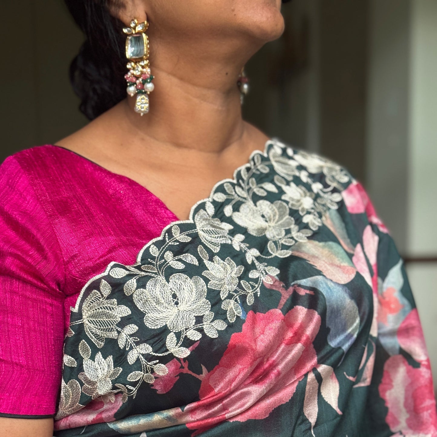 Moonlit Garden: Floral Semi-silk Saree with Embroidery