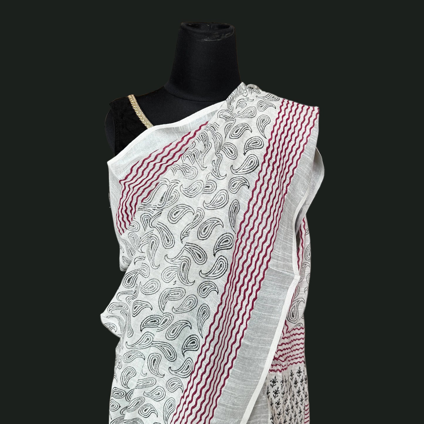Sohini: White Linen Sanganeri Block Print Saree
