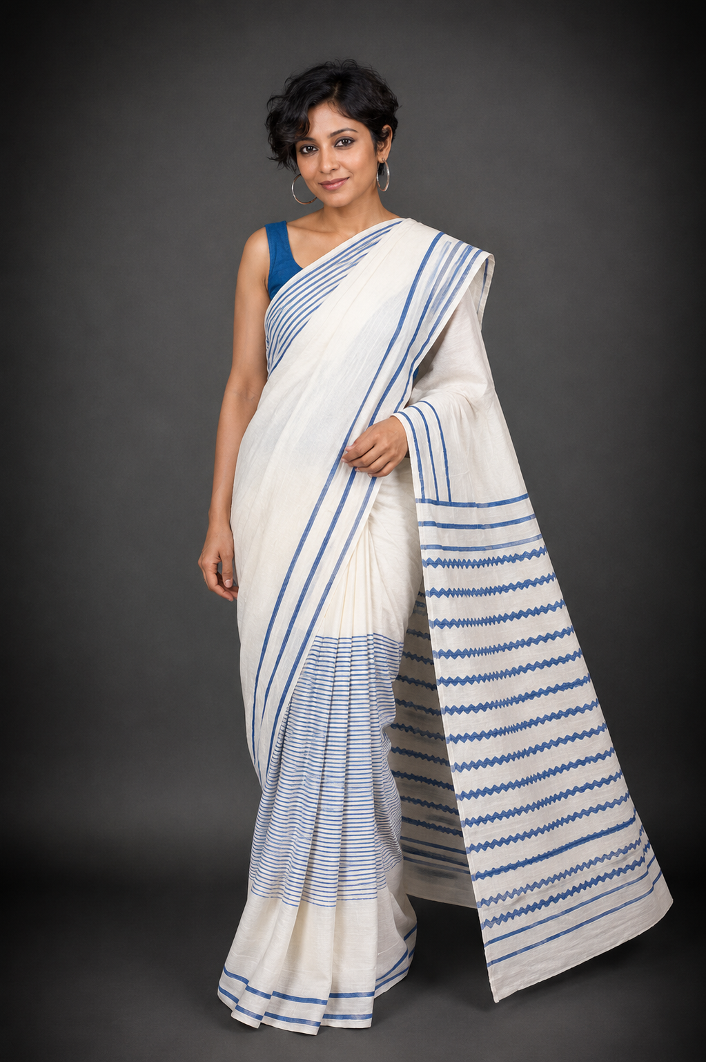 Mrinalini: White Cotton Sanganeri Block Print Saree