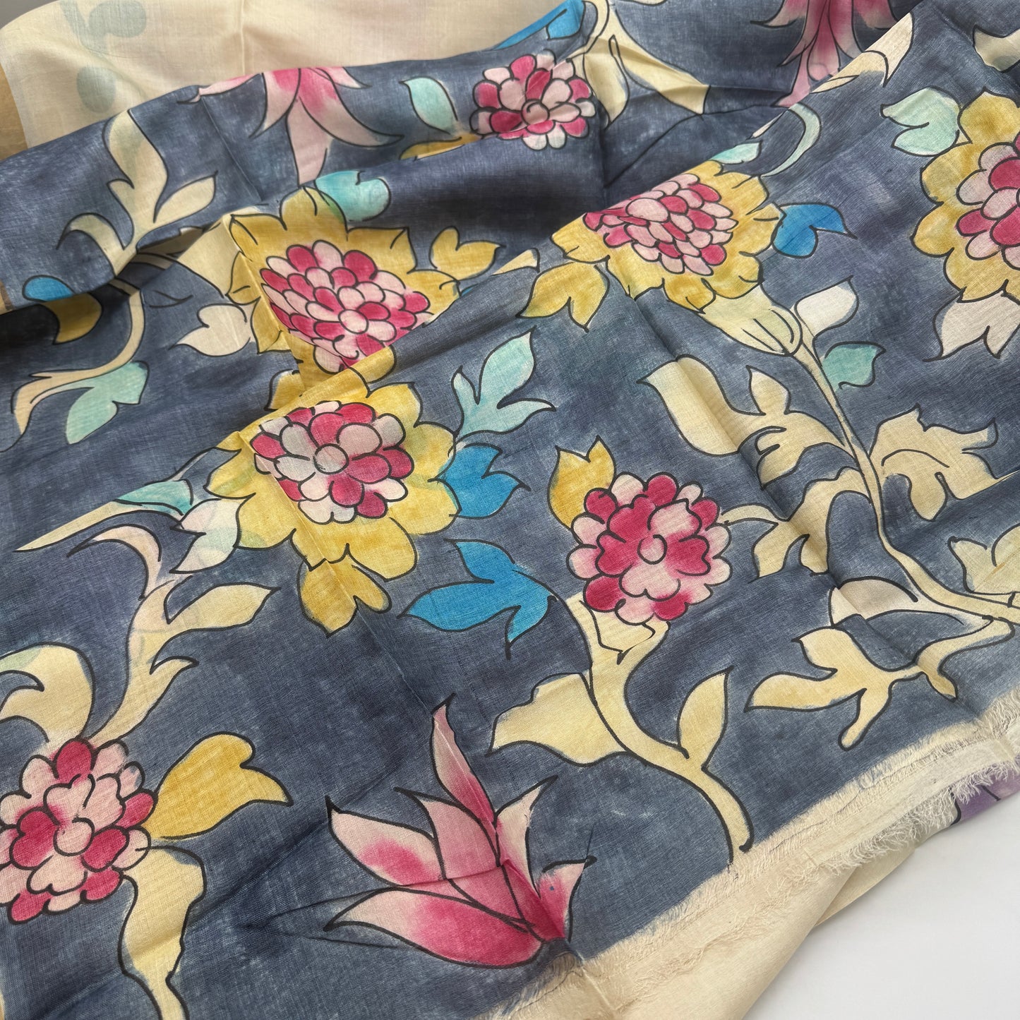 Ivorine: Cream Kalamkari Block Print Tussar Silk Saree