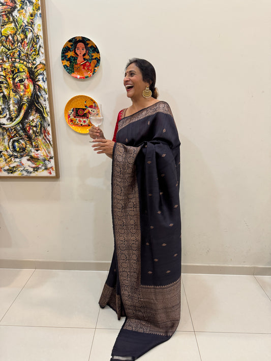 Ragini: Black Silk Saree with Contrast Red Blouse