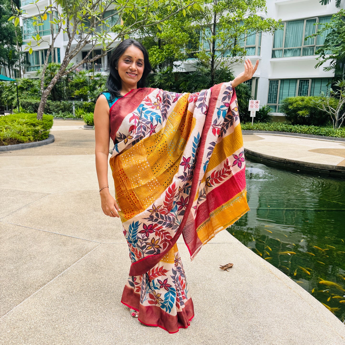 Ruchismita: Yellow Block Print Kantha Tussar Silk Saree