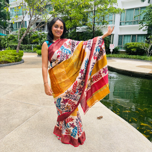 Ruchismita: Yellow Block Print Kantha Tussar Silk Saree