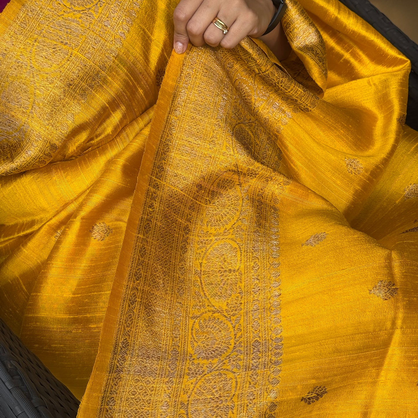 Sunehra: Yellow Handwoven Silk Saree with Pink Contrast Blouse.