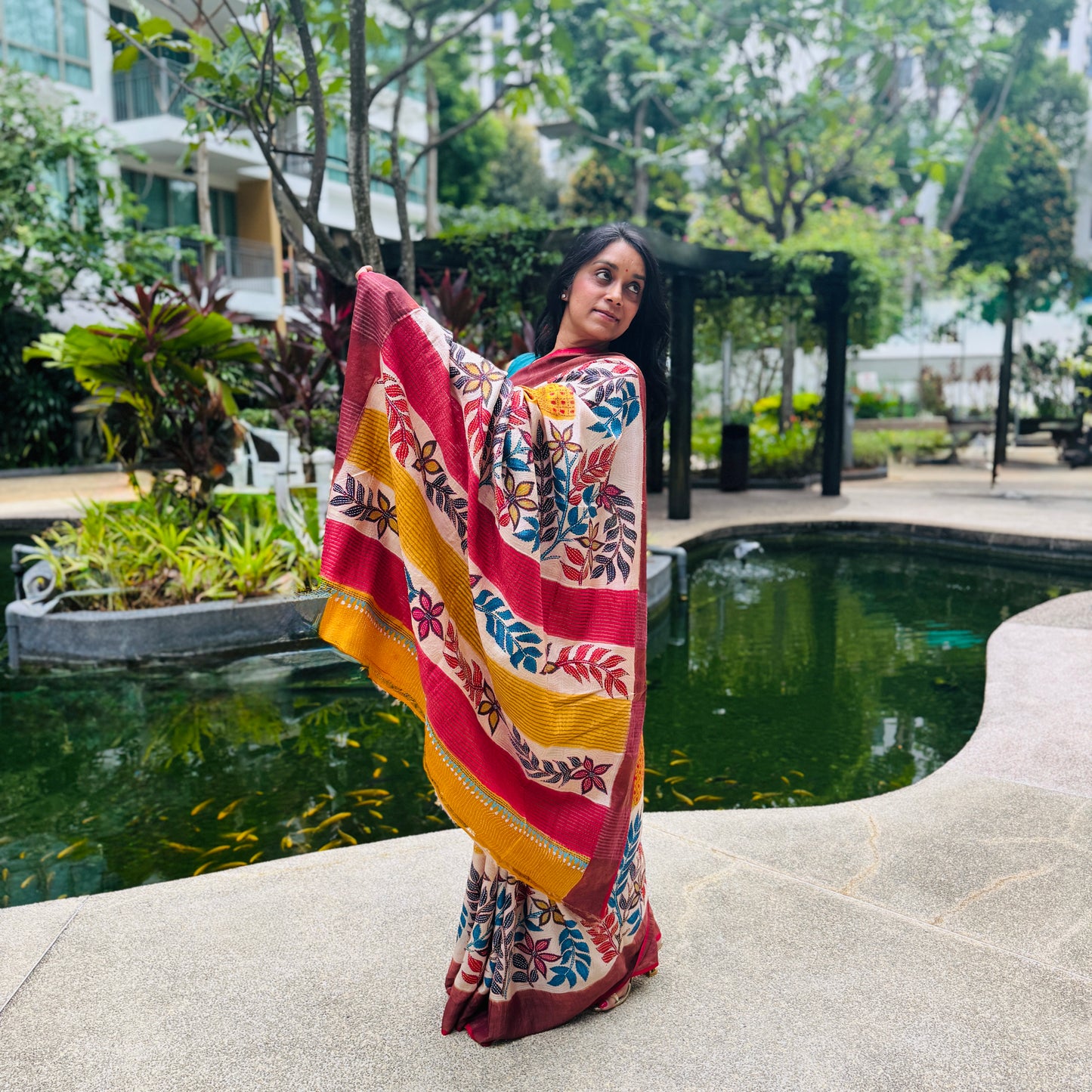 Ruchismita: Yellow Block Print Kantha Tussar Silk Saree