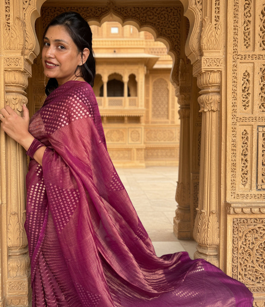 Lavanya: Purple Handwoven Crushed Tissue Saree with Sequins