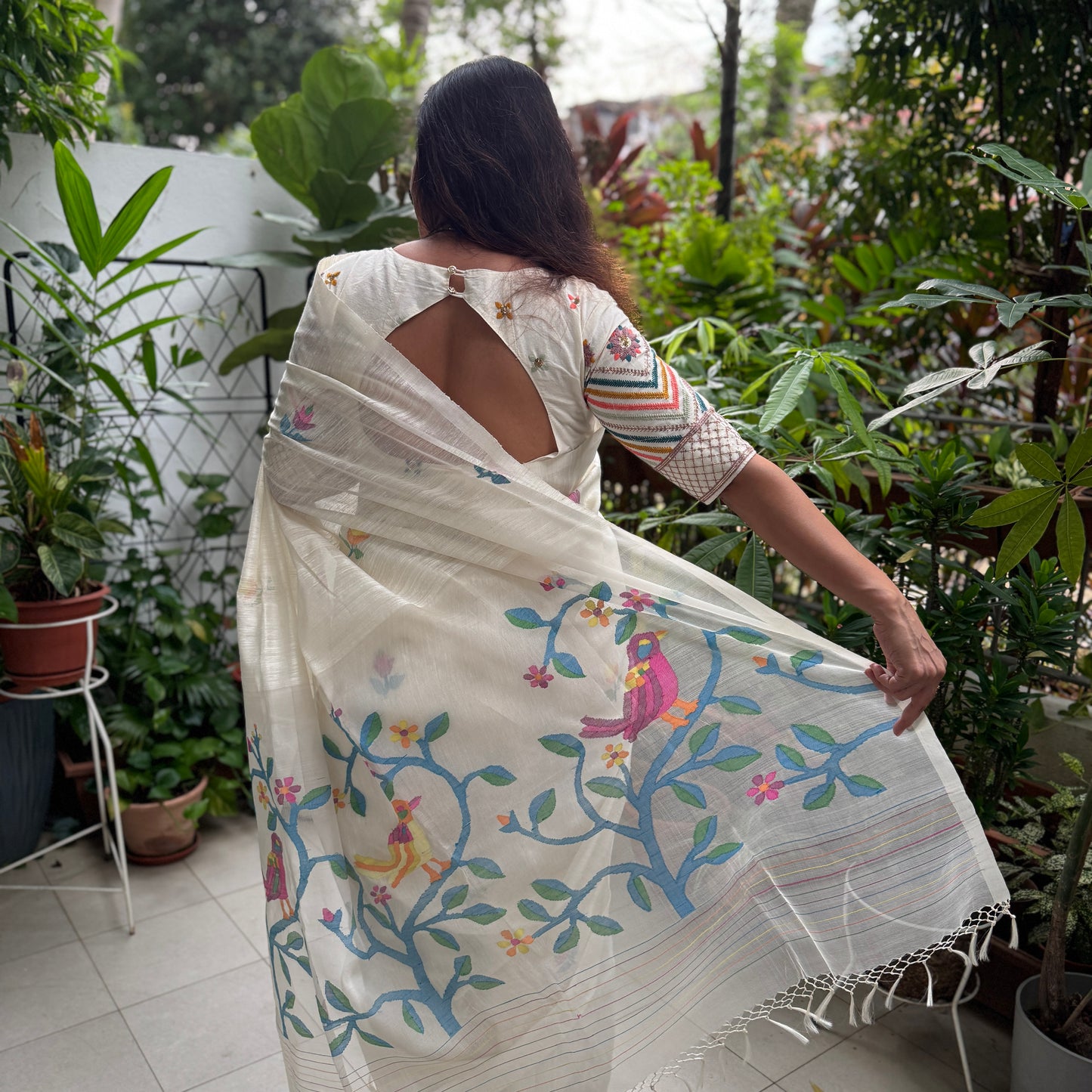 Pakhi: White Jamdani Saree with Multicolored Embroidery
