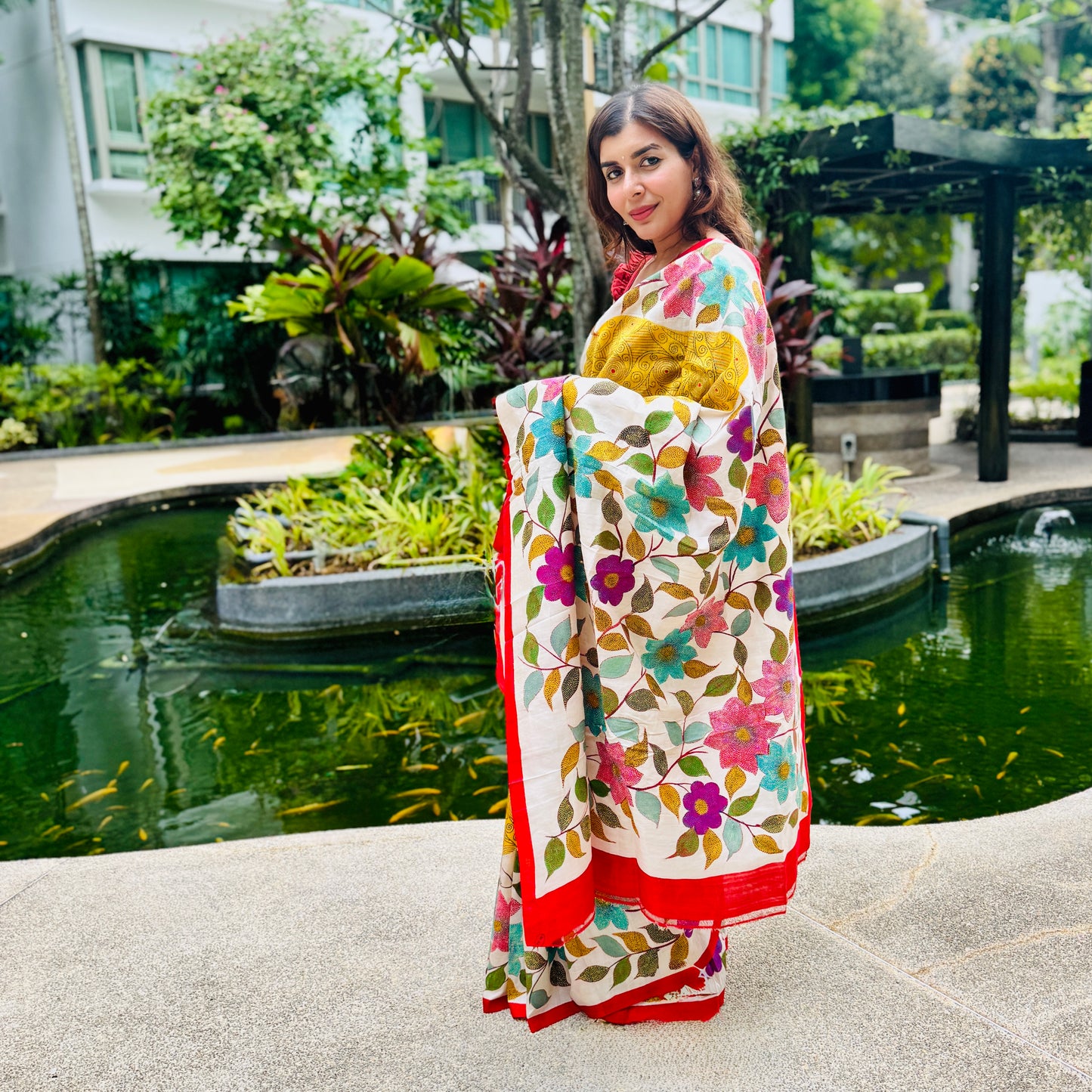 Megharang: Yellow Block Print Kantha Tussar Silk Saree