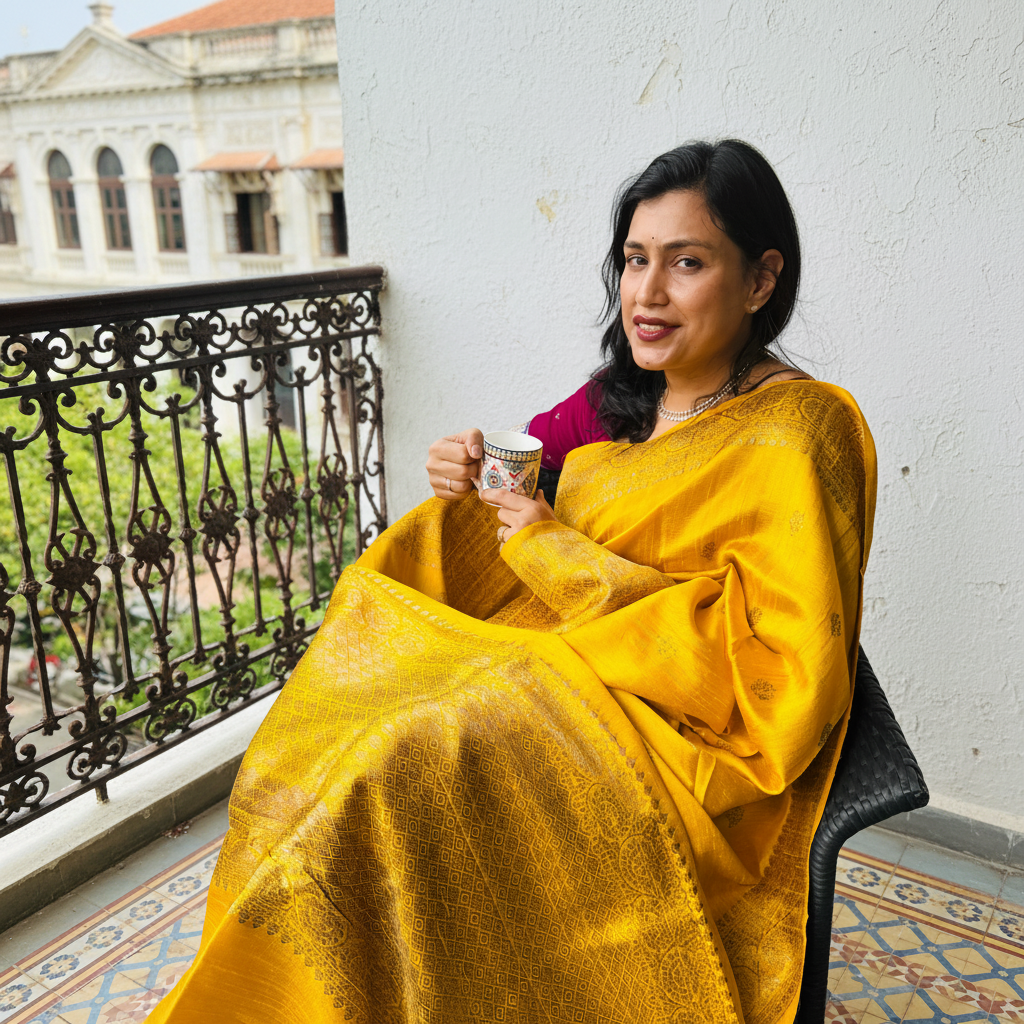 Sunehra: Yellow Handwoven Silk Saree with Pink Contrast Blouse.