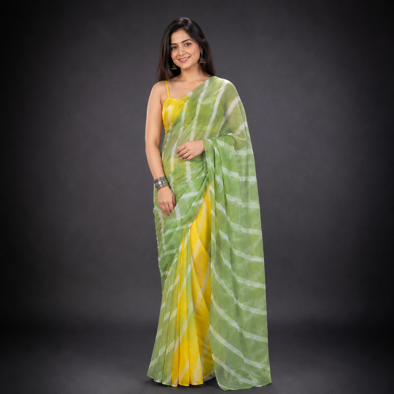 Kamini: Yellow and Green Leheriya Chiffon Saree
