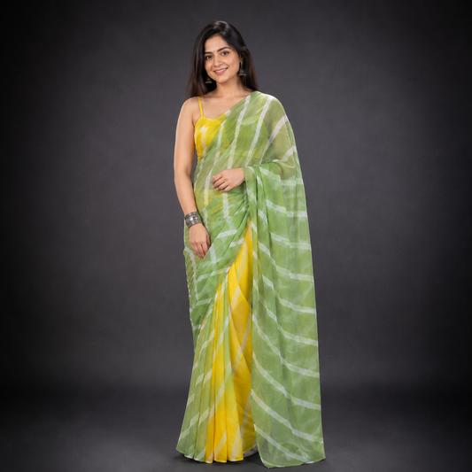 Kamini: Yellow and Green Leheriya Chiffon Saree