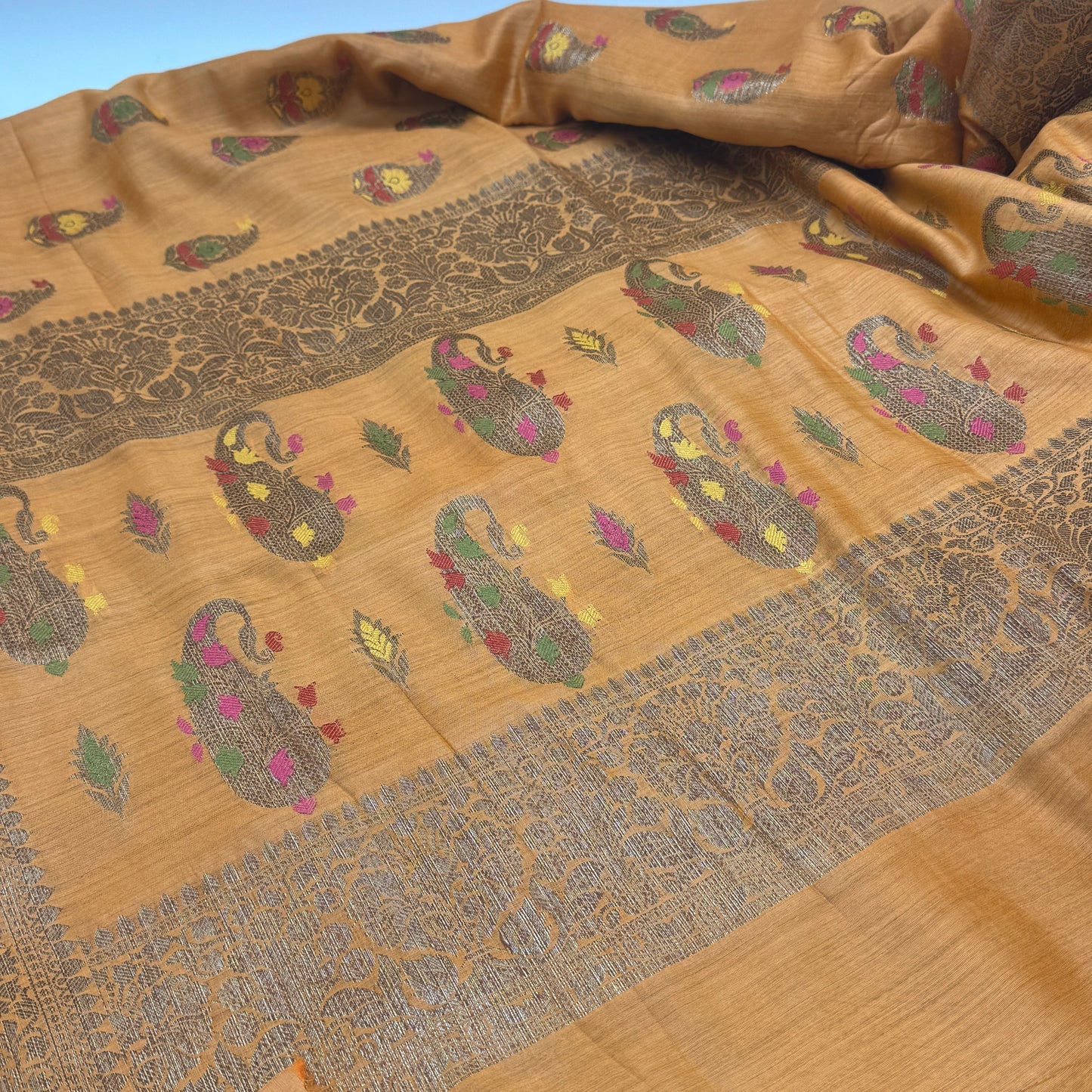 Kesar: Orange Handwoven Munga Tussar Silk Saree