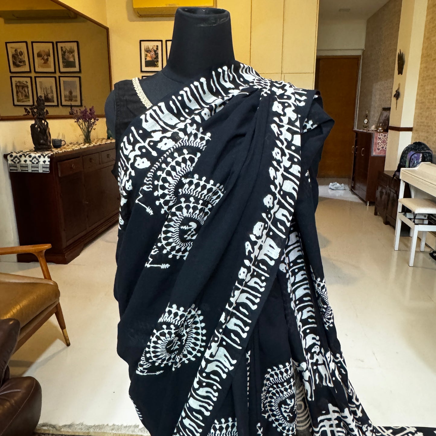 Madhurima: Black Cotton Sanganeri Block Print Saree