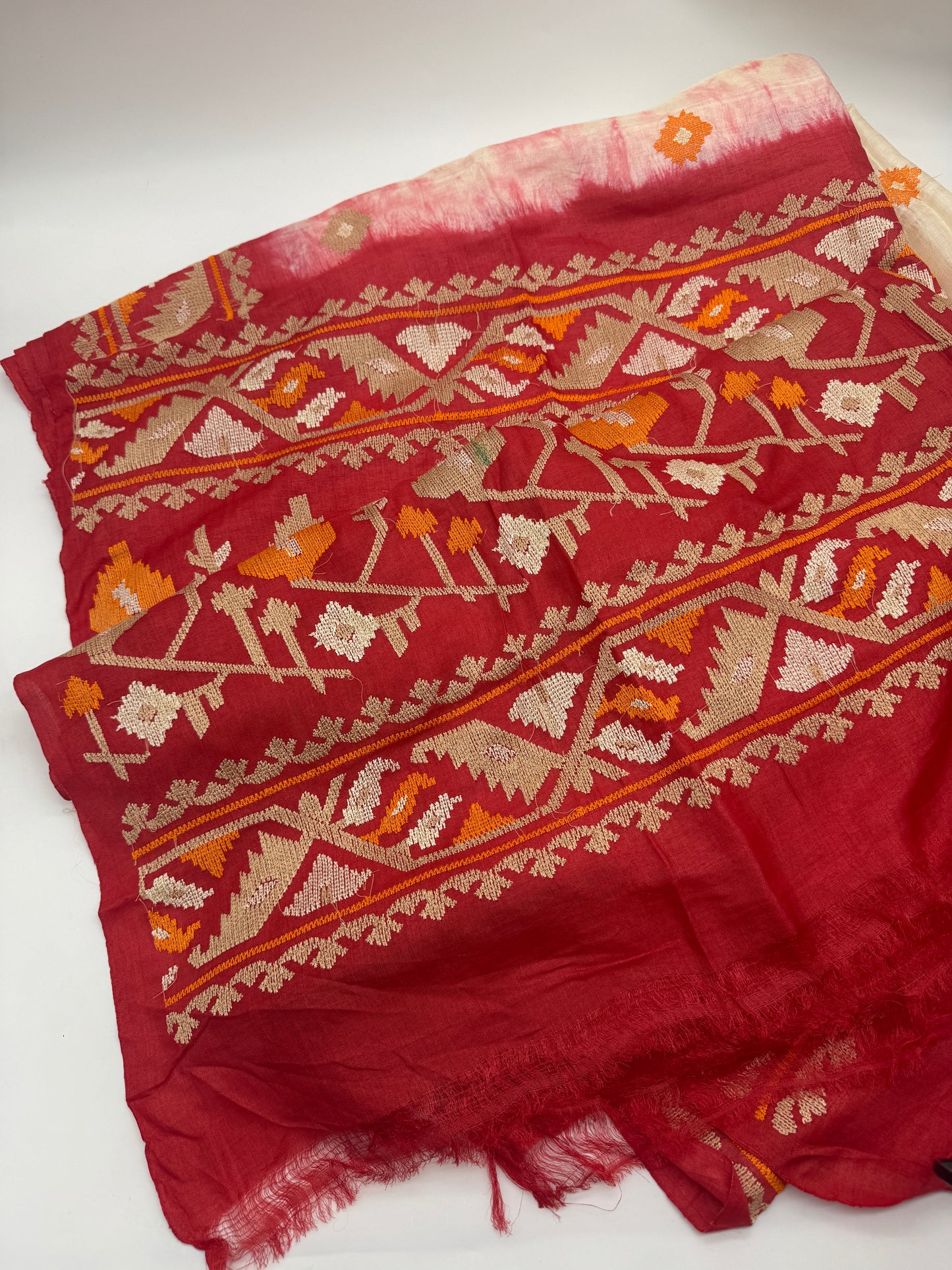 Ashima: White and Red Embroidered Tussar Silk Saree