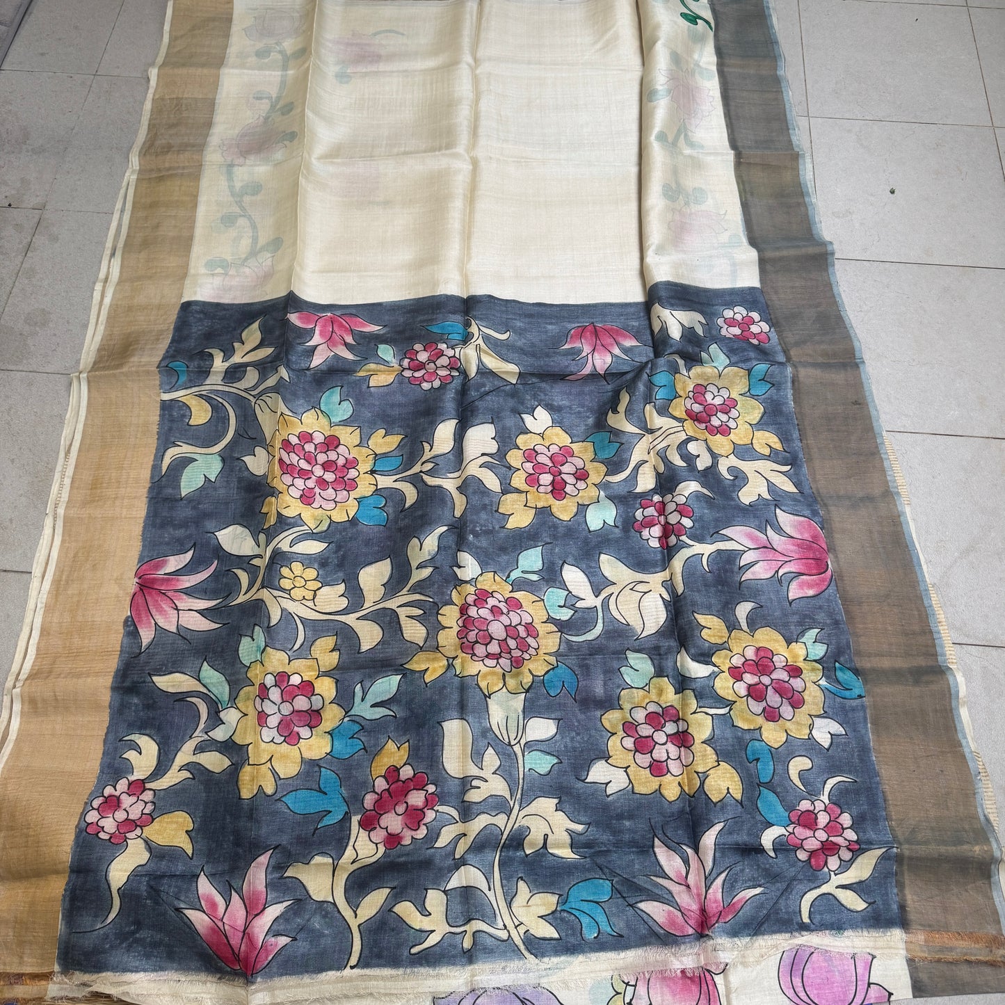 Ivorine: Cream Kalamkari Block Print Tussar Silk Saree