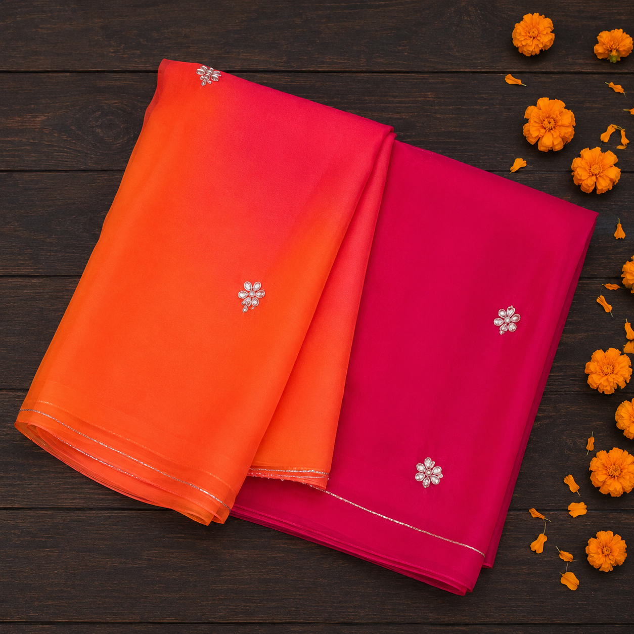 Pankhuri: Pink & Orange Ombré Chiffon Saree with Sequins
