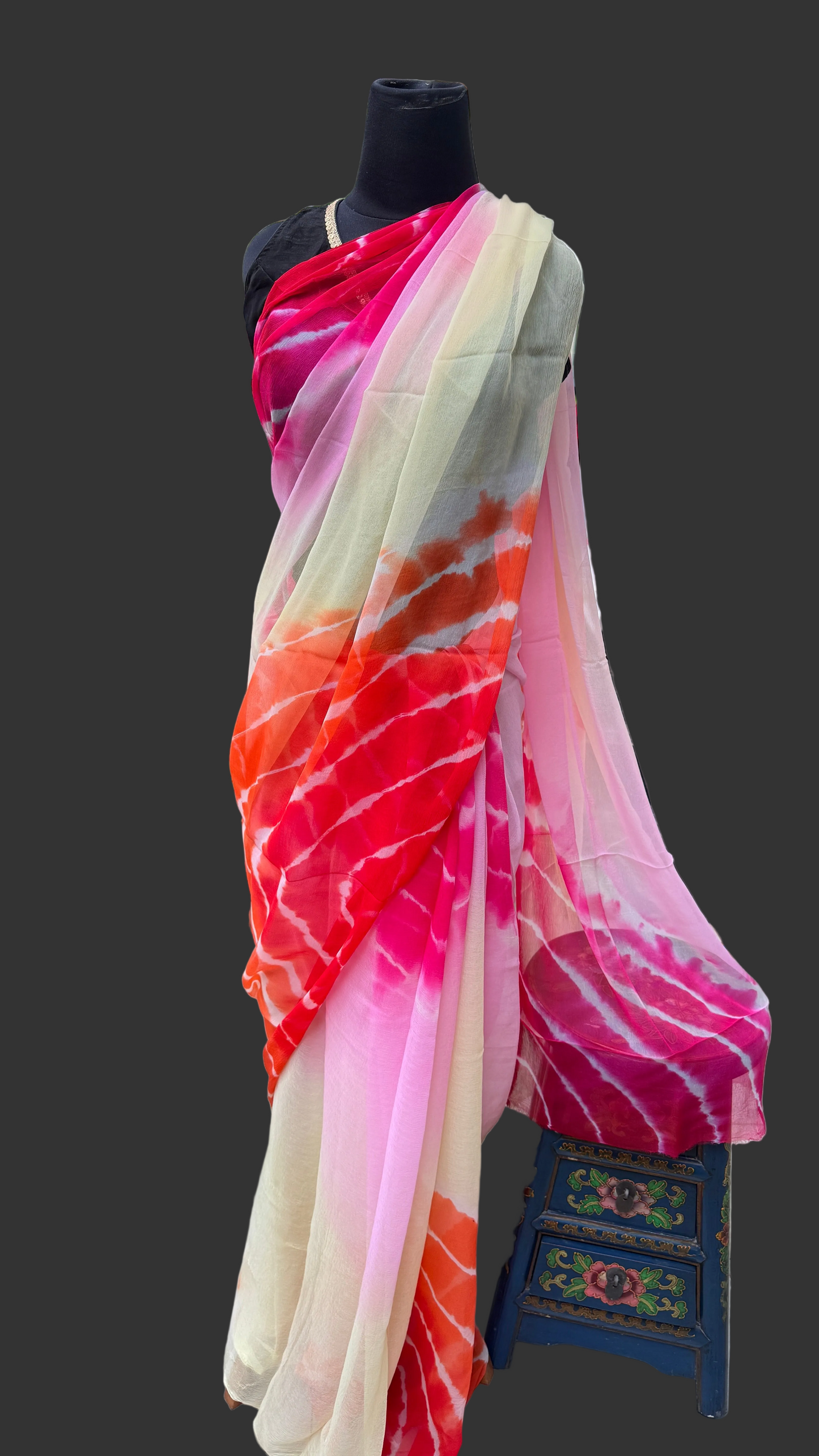 Avantika: Yellow & Pink Leheriya Chiffon Saree