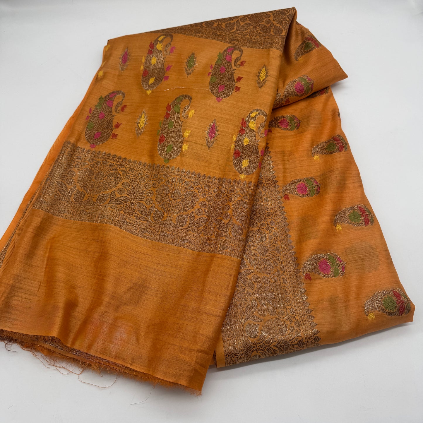 Kesar: Orange Handwoven Munga Tussar Silk Saree