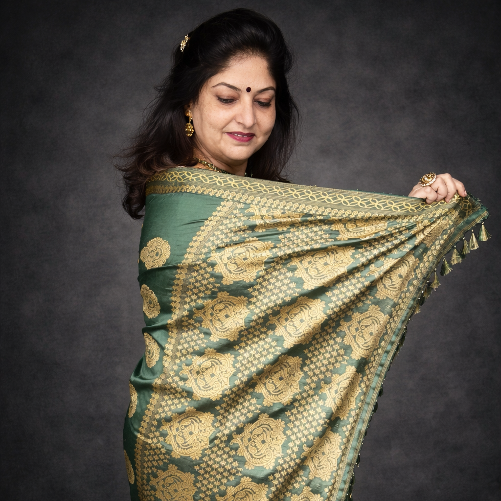 Rupohi: Green Paat Silk with Yellow Woven Motifs