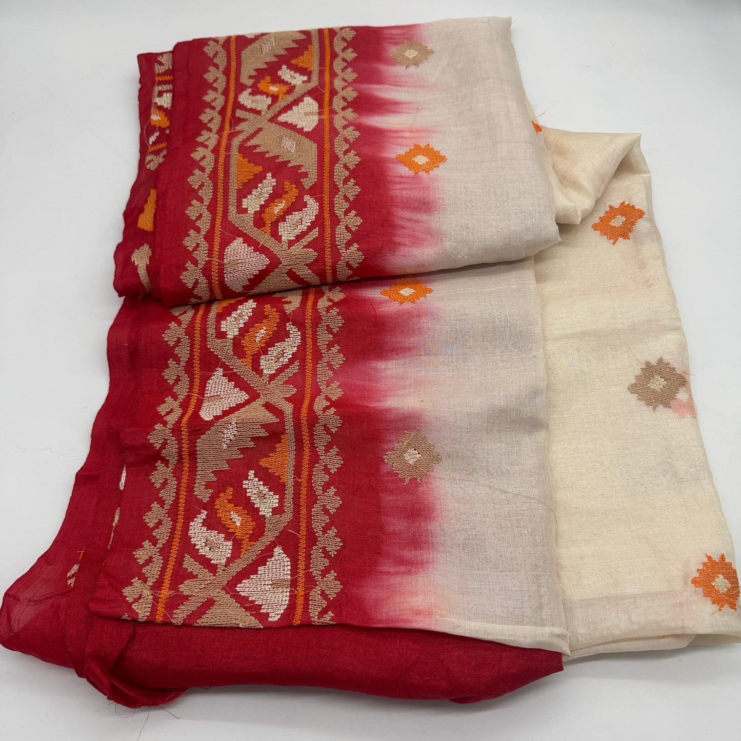 Ashima: White and Red Embroidered Tussar Silk Saree