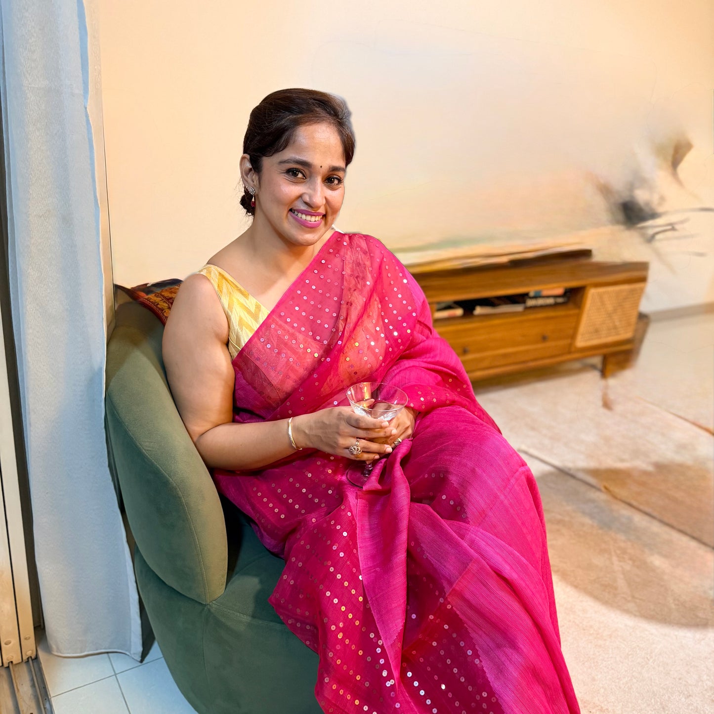 Gulnaar: Pink Matka Silk with Sequins Saree