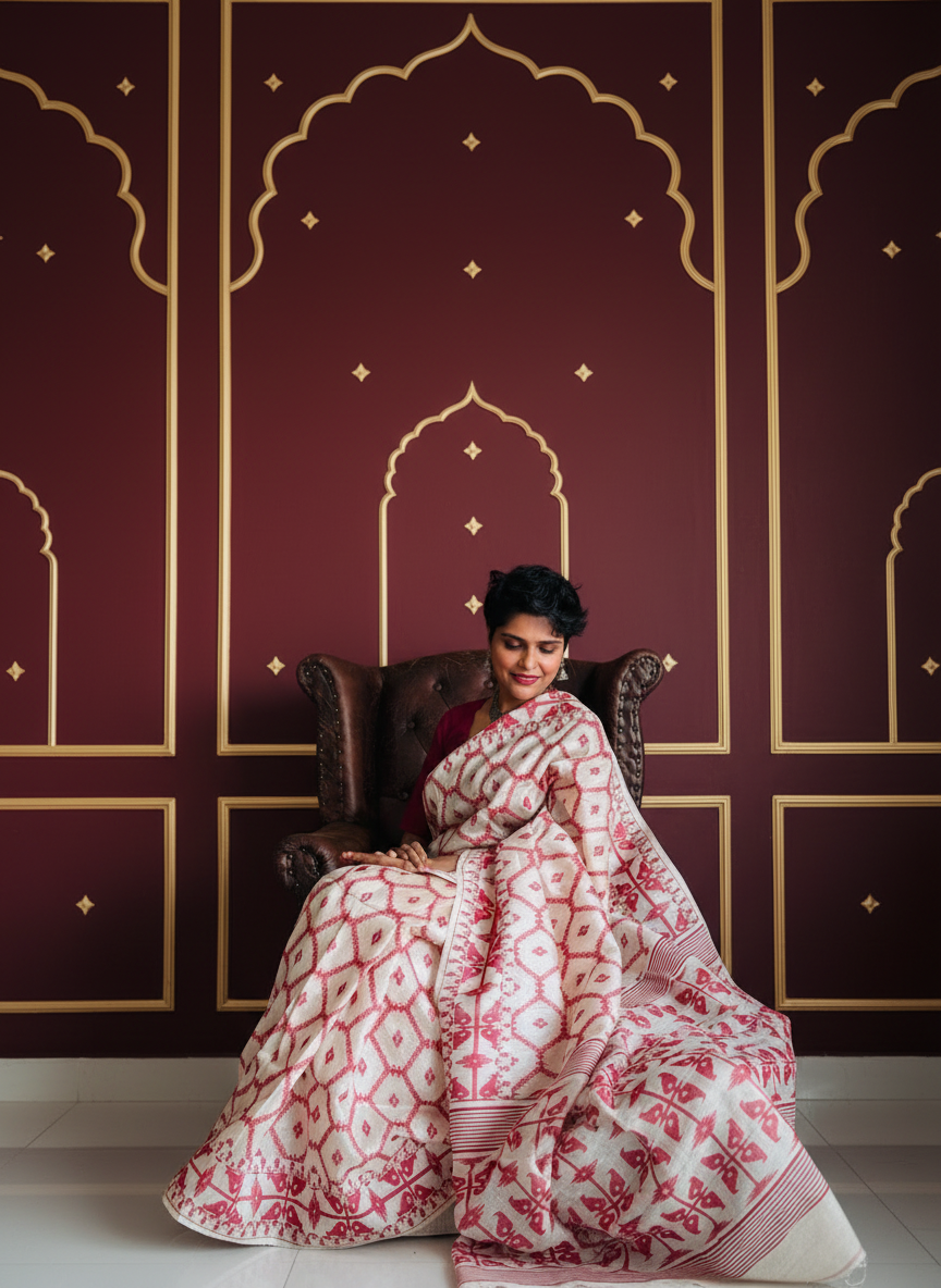 Ivoryfire: White Tussar Silk Jamdani Saree