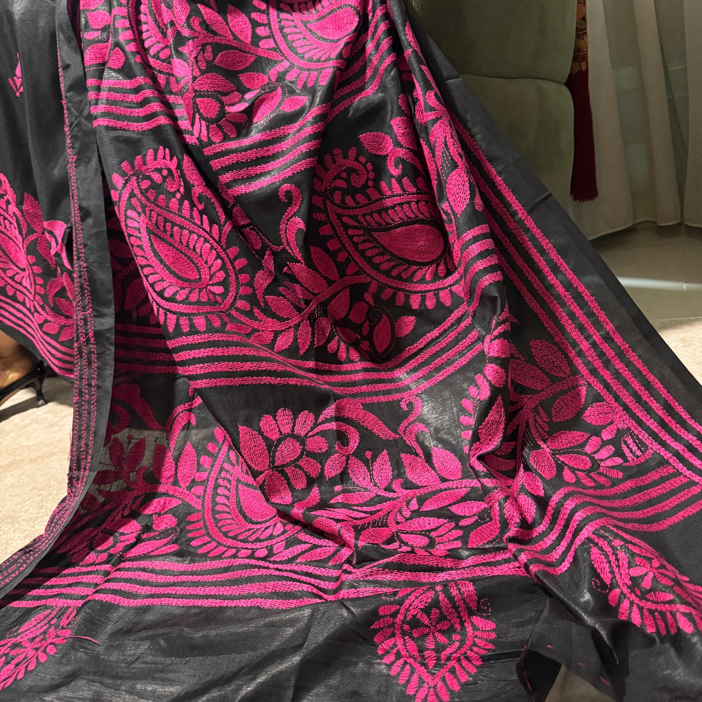Raatrani: Black and Pink Embroidered Saree