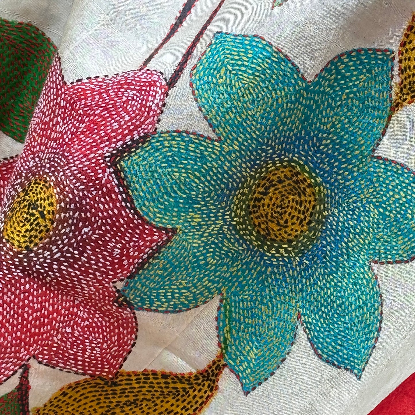 Megharang: Yellow Block Print Kantha Tussar Silk Saree