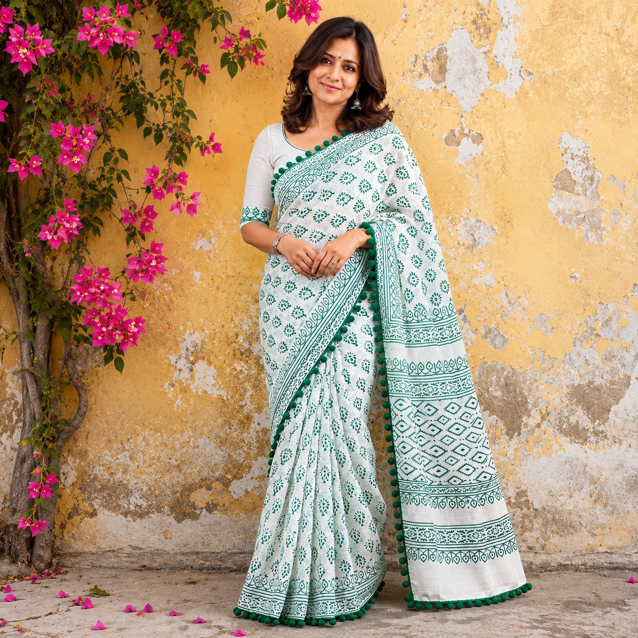 Trisha: White Cotton Sanganeri Block Print Saree