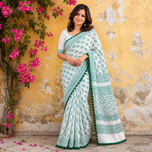 Trisha: White Cotton Sanganeri Block Print Saree