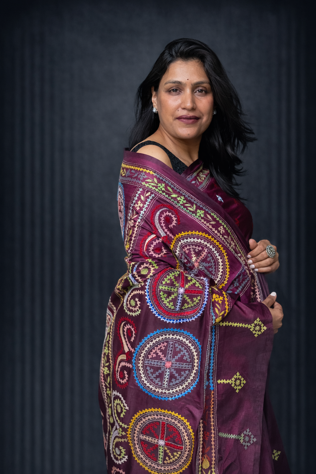 Sanchita: Maroon Hand-embroidered Semi-silk Saree